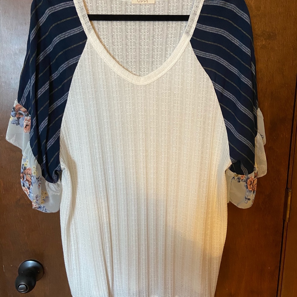 White Top with Striped Sleeves and Floral Trim